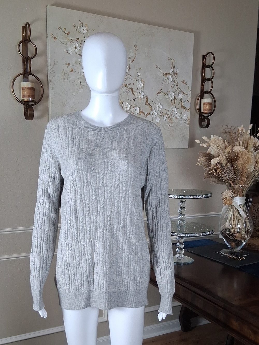 Women's Cable-Knit Crewneck Light Gray Merino Cashemere Blend Large - Picture 4 of 17